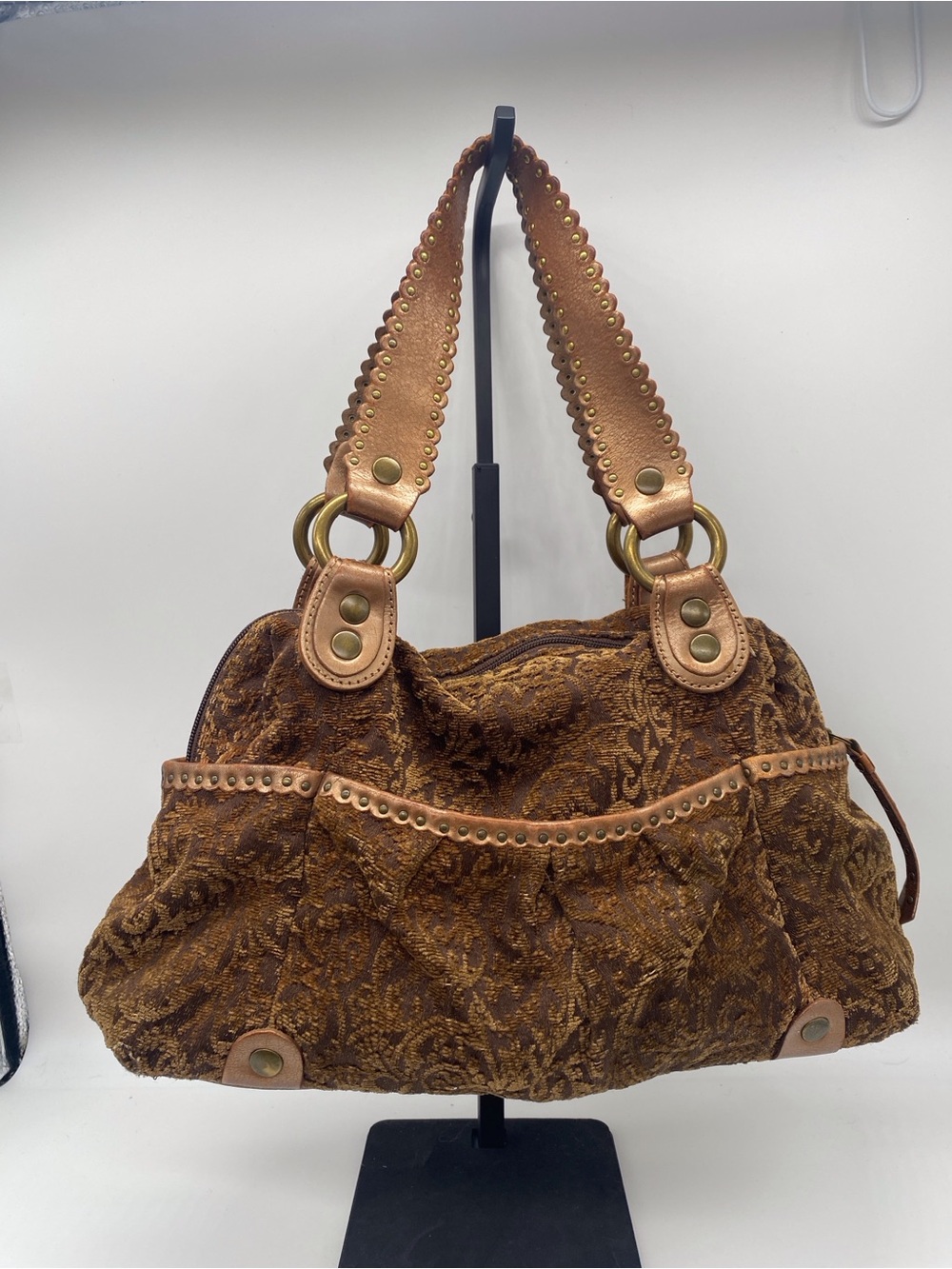 Brown Embossed Paisley Shoulder Bag with Stud-Trim Details